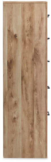 Hyanna King Panel Storage Bed with 1 Under Bed Storage Drawer, Dresser, Mirror and Chest in Tan Brown - PKG015335