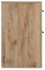 Hyanna King Panel Storage Bed with 1 Under Bed Storage Drawer, Dresser, Mirror and Nightstand in Tan Brown - PKG015334