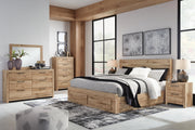 Hyanna King Panel Storage Bed with 1 Under Bed Storage Drawer, Dresser, Mirror and Nightstand in Tan Brown - PKG015334