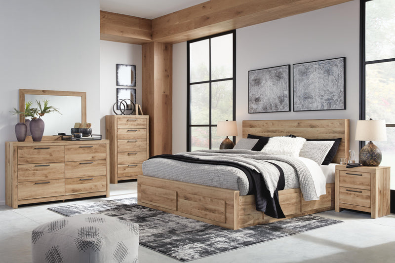 Hyanna King Panel Storage Bed with 1 Under Bed Storage Drawer, Dresser, Mirror and Nightstand in Tan Brown - PKG015334