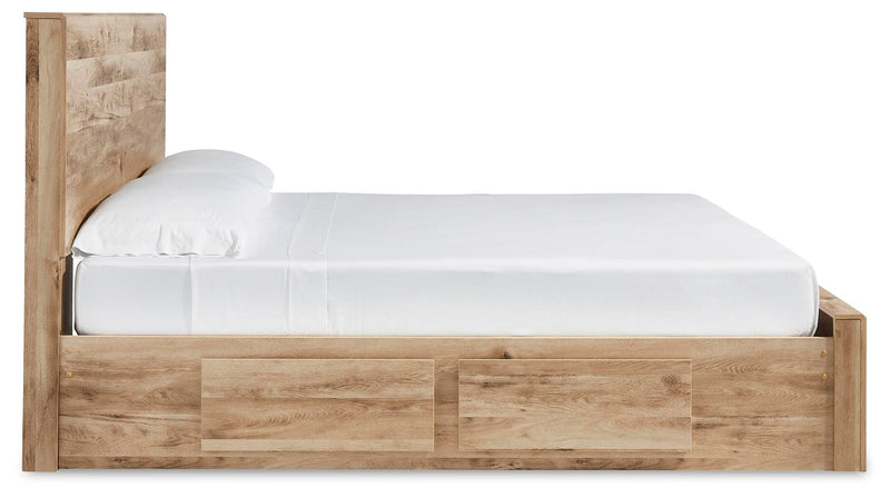 Hyanna King Panel Storage Bed with 1 Under Bed Storage Drawer, Dresser, Mirror and Nightstand in Tan Brown - PKG015334