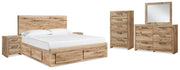 Hyanna King Panel Storage Bed with 1 Under Bed Storage Drawer, Dresser, Mirror, Chest and 2 Nightstands in Tan Brown - PKG015333