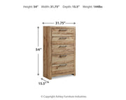 Hyanna King Panel Storage Bed with 1 Under Bed Storage Drawer, Dresser, Mirror, Chest and Nightstand in Tan Brown - PKG015336