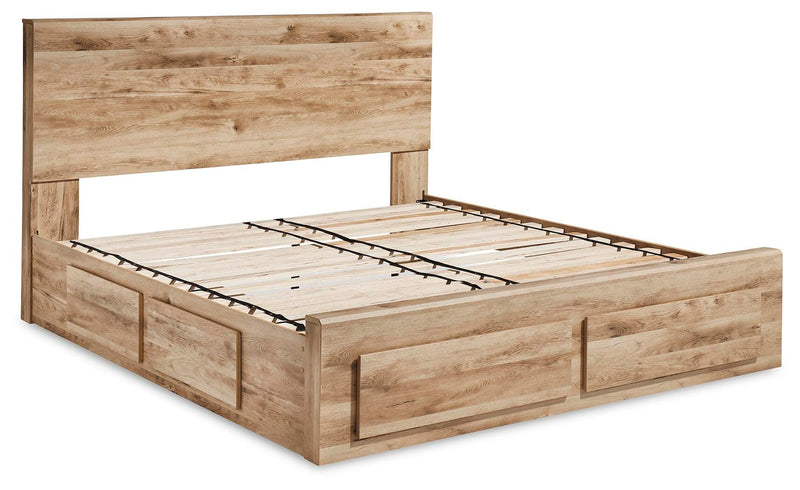 Hyanna King Panel Storage Bed with 2 Under Bed Storage Drawers, Dresser, Mirror, Chest and Nightstand in Tan Brown - PKG015342