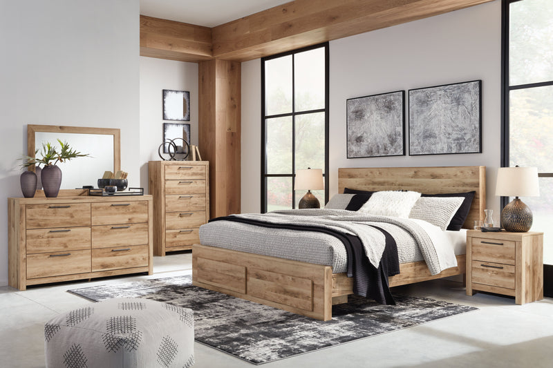 Hyanna King Panel Storage Bed with Mirrored Dresser, Chest and Nightstand in Tan Brown - PKG015330