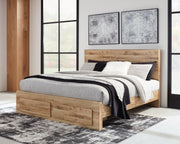 Hyanna King Panel Storage Bed with Mirrored Dresser, Chest and Nightstand in Tan Brown - PKG015330