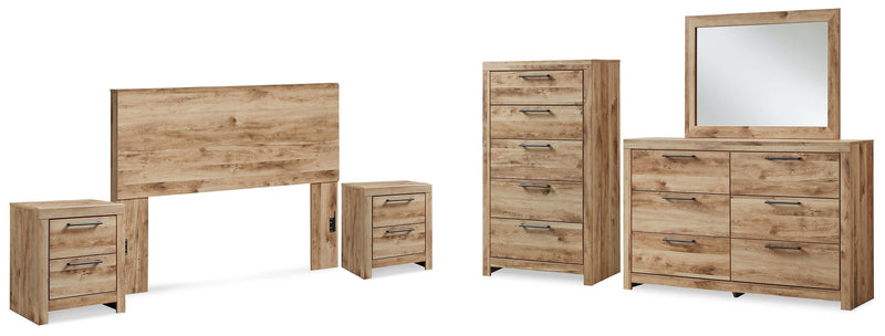 Hyanna Queen Panel Headboard with Mirrored Dresser, Chest and 2 Nightstands in Tan Brown from Ashley - Lara Furniture