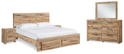 Hyanna Queen Panel Storage Bed, Dresser, Mirror and 2 Nightstands in Tan Brown - PKG015302