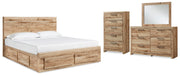 Hyanna Queen Panel Storage Bed with 1 Under Bed Storage Drawer, Dresser, Mirror and Chest in Tan Brown - PKG015311
