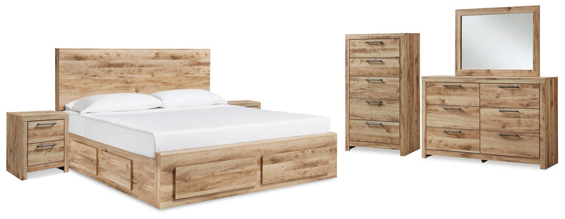 Hyanna Queen Panel Storage Bed with Mirrored Dresser, Chest and 2 Nightstands in Tan Brown - PKG015315