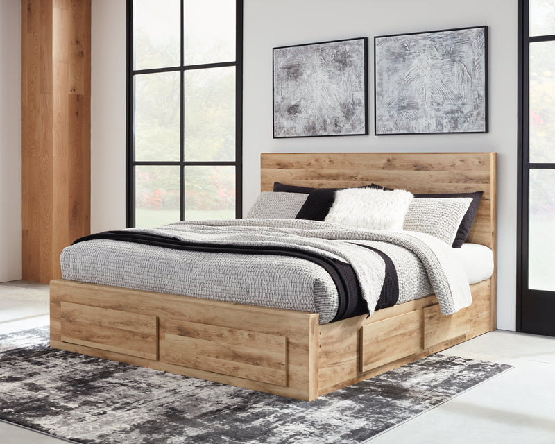 Hyanna Queen Panel Storage Bed with Mirrored Dresser, Chest and 2 Nightstands in Tan Brown - PKG015315