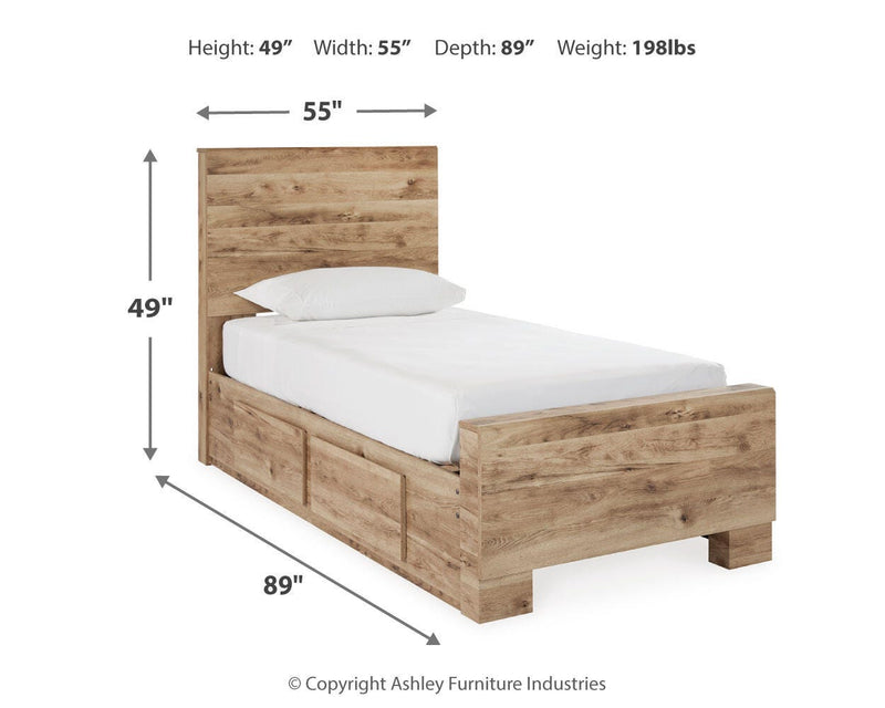 Hyanna Twin Panel Bed with 1 Side Storage, Dresser, Mirror and Nightstand in Tan Brown - PKG015358