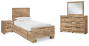 Hyanna Twin Panel Bed with 1 Side Storage, Dresser, Mirror and Nightstand in Tan Brown - PKG015358