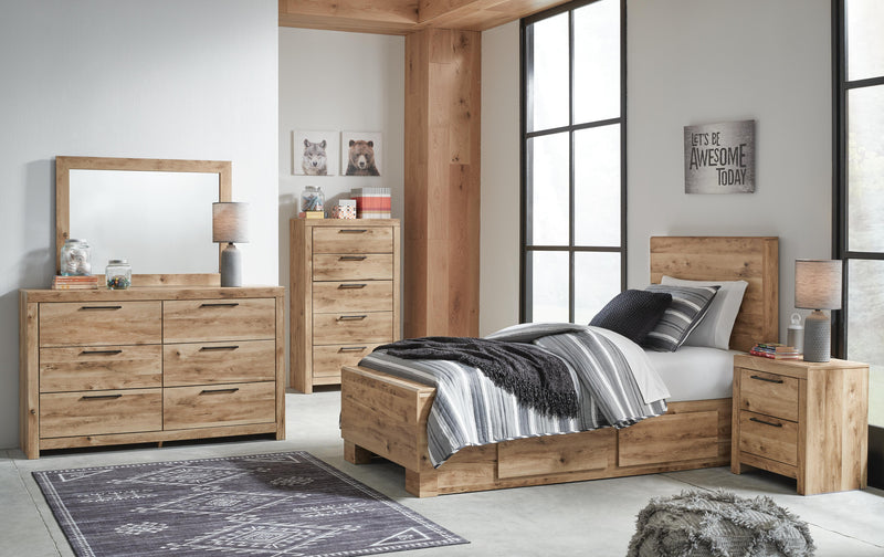 Hyanna Twin Panel Bed with 2 Side Storage, Dresser, Mirror and 2 Nightstands in Tan Brown - PKG015368