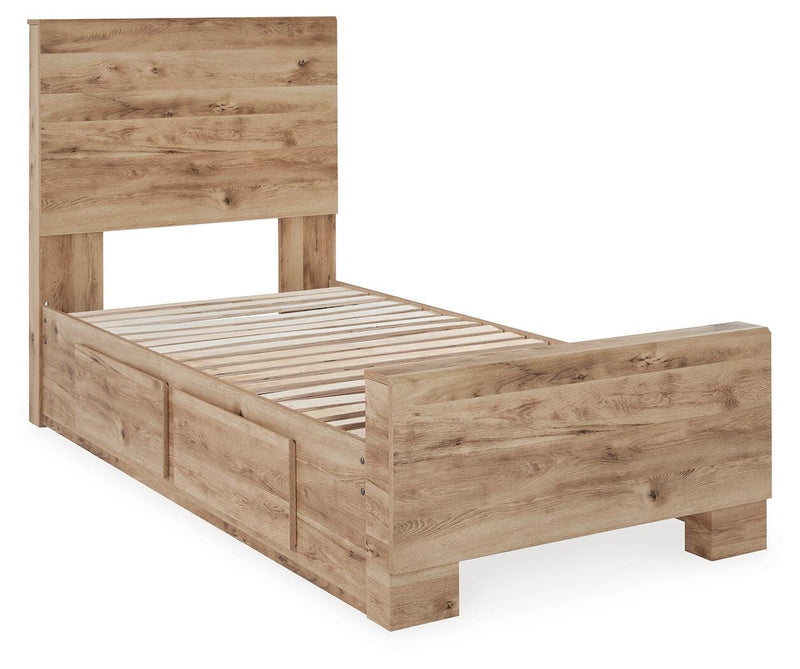 Hyanna Twin Panel Bed with 2 Side Storage, Dresser, Mirror and 2 Nightstands in Tan Brown - PKG015368