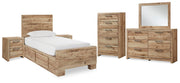 Hyanna Twin Panel Bed with 2 Side Storage, Dresser, Mirror, Chest and 2 Nightstands in Tan Brown - PKG015369