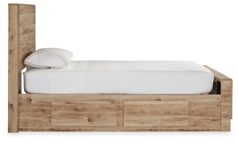 Hyanna Twin Panel Bed with 2 Side Storage, Dresser, Mirror, Chest and 2 Nightstands in Tan Brown - PKG015369