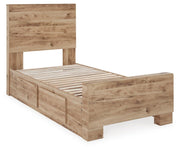 Hyanna Twin Panel Bed with 2 Side Storage, Dresser, Mirror, Chest and Nightstand in Tan Brown - PKG015372
