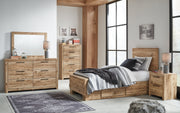 Hyanna Twin Panel Bed with Storage with Mirrored Dresser and Chest in Tan Brown - PKG015371