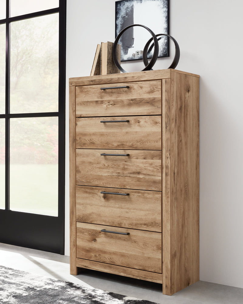 Hyanna Twin Panel Bed with Storage with Mirrored Dresser and Chest in Tan Brown - PKG015371