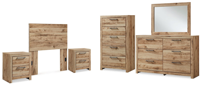 Hyanna Twin Panel Headboard with Mirrored Dresser, Chest and 2 Nightstands in Tan Brown - PKG015273
