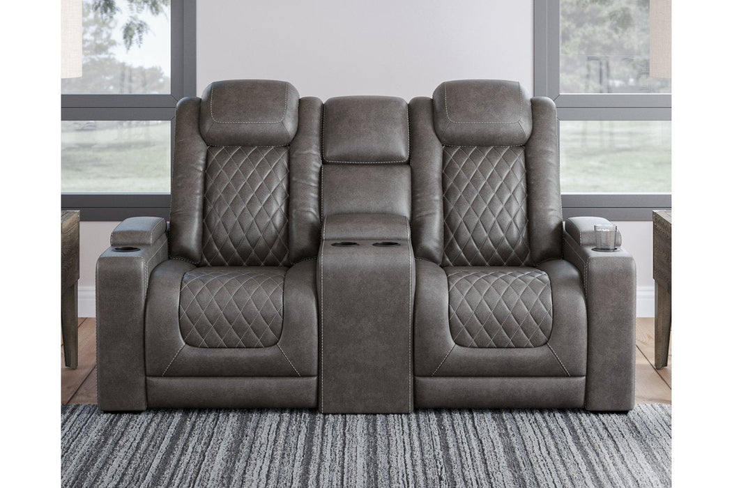 HyllMont Gray Power Reclining Loveseat with Console - Gate FurniturePower Reclining Loveseat