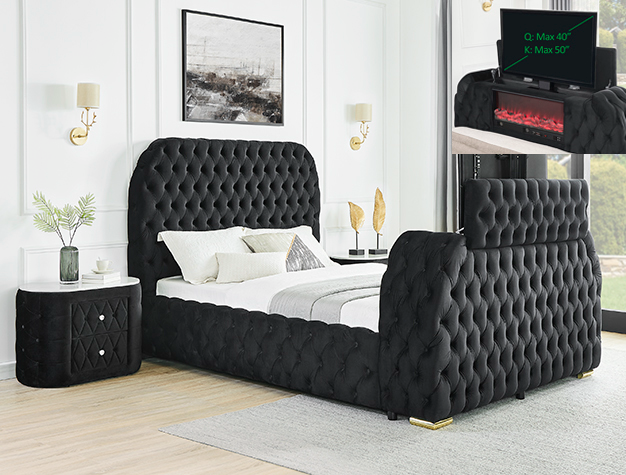 NATALIA Black Queen BED W/FIREPLACE - TV