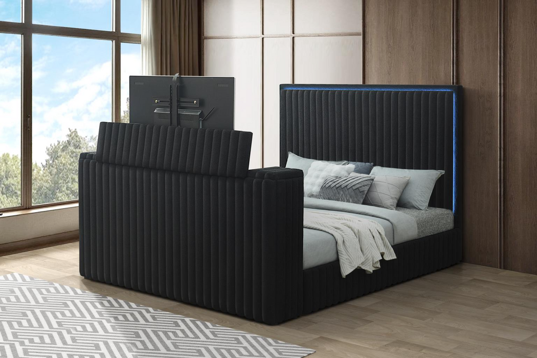 Rosalie Black Queen Bed W/ TV Stand & Fireplace