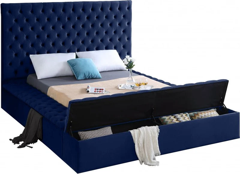 Bliss Square Blue Velvet Queen Storage Platform Bed