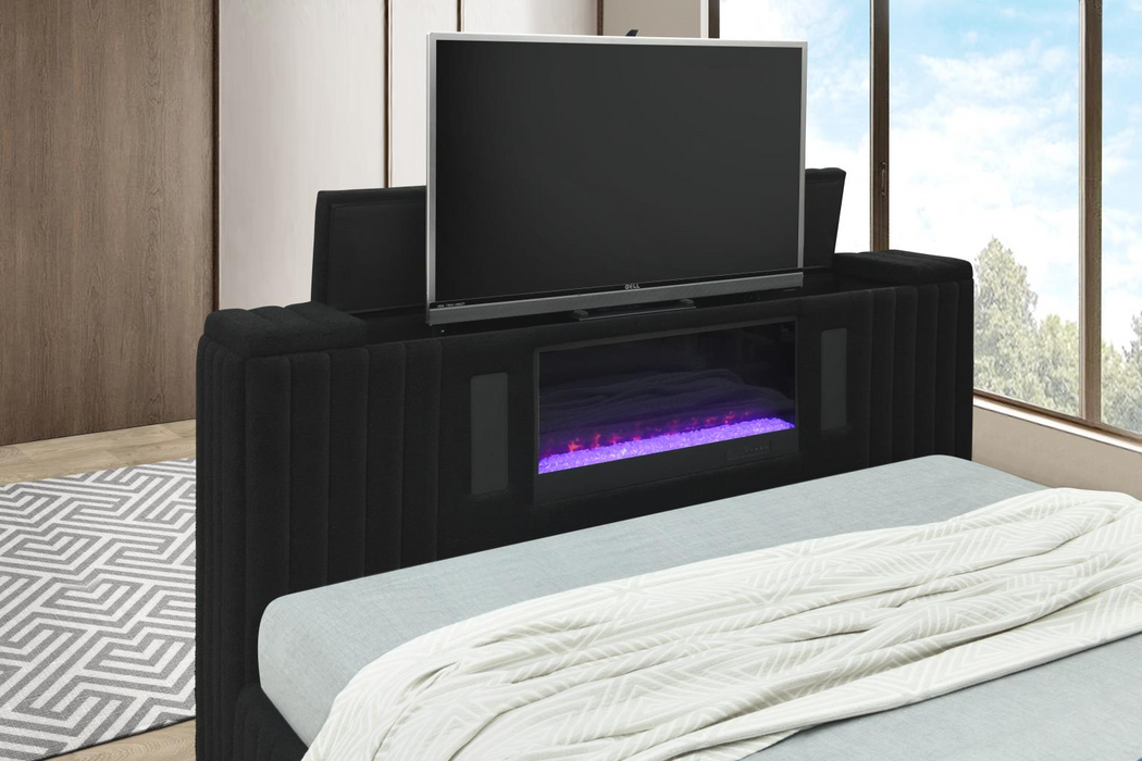 Rosalie Black Queen Bed W/ TV Stand & Fireplace