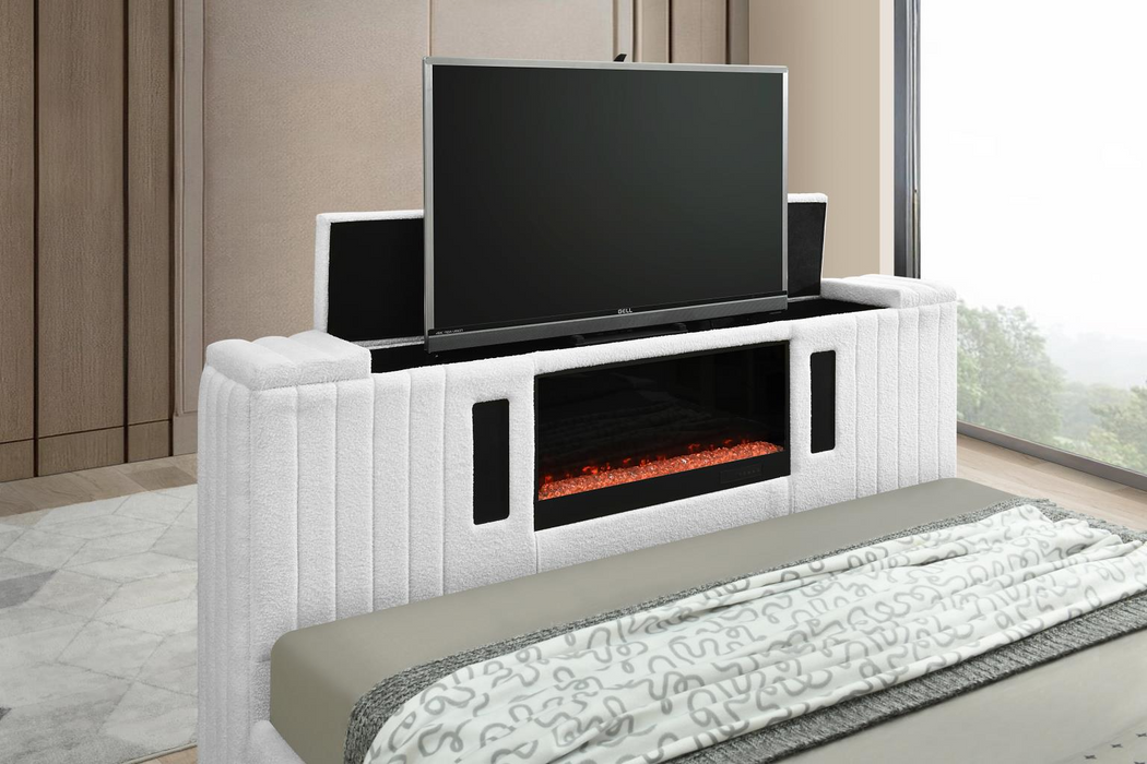 Rosalie White Queen Bed W/ TV Stand & Fireplace