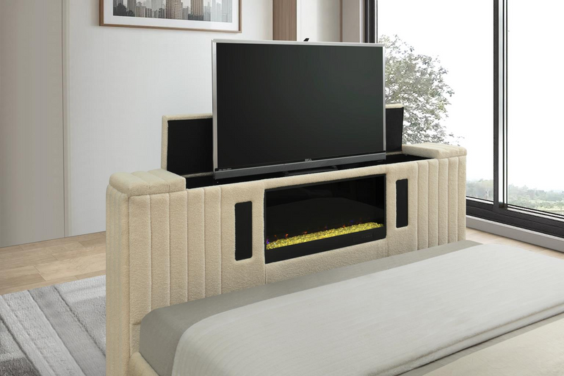 Rosalie Beige Queen Bed W/ TV Stand & Fireplace