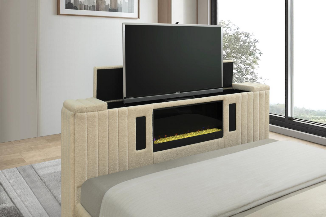 Rosalie Beige King Bed W/ TV Stand & Fireplace