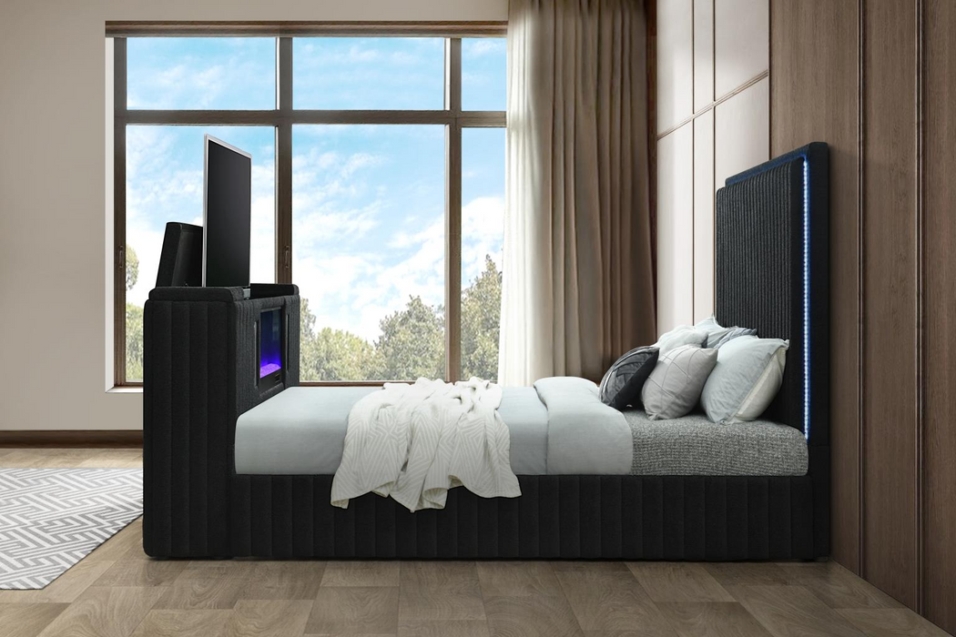 Rosalie Black King Bed W/ TV Stand & Fireplace