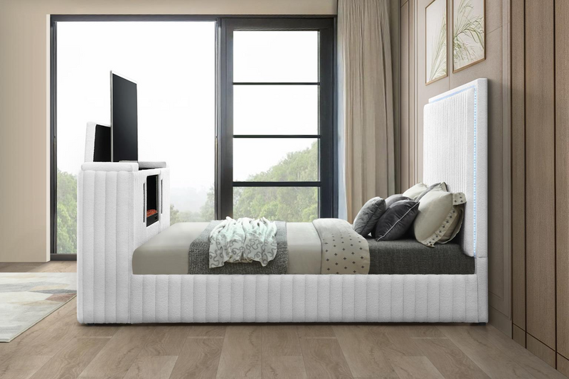 Rosalie White Queen Bed W/ TV Stand & Fireplace