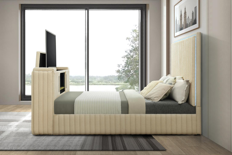 Rosalie Beige Queen Bed W/ TV Stand & Fireplace