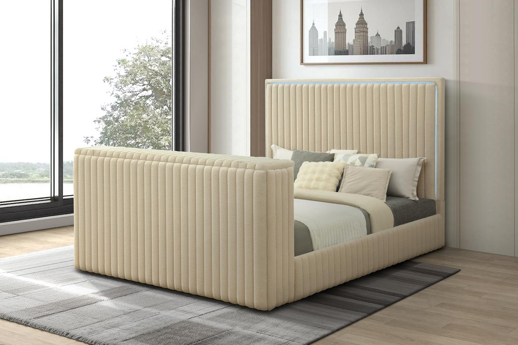 Rosalie Beige Queen Bed W/ TV Stand & Fireplace