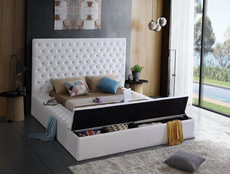 Bliss Square Cream Velvet Queen Storage Platform Bed