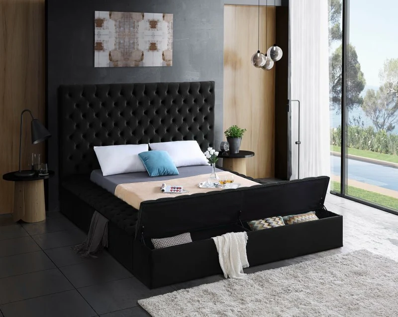 Bliss Square Black Velvet King Storage Platform Bed