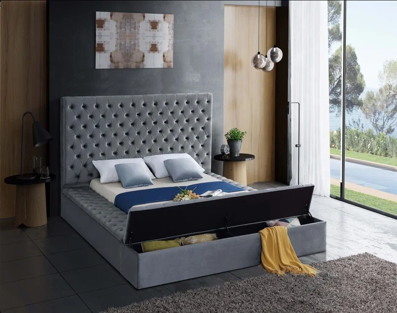 Bliss Square Gray Velvet Queen Storage Platform Bed