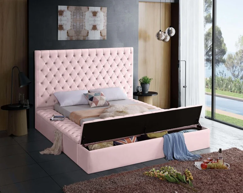 Bliss Square Pink Velvet Queen Storage Platform Bed