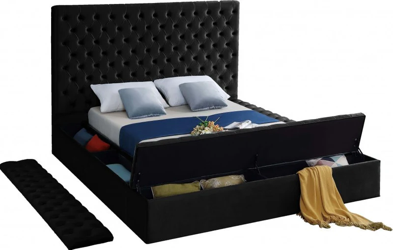 Bliss Square Black Velvet Queen Storage Platform Bed