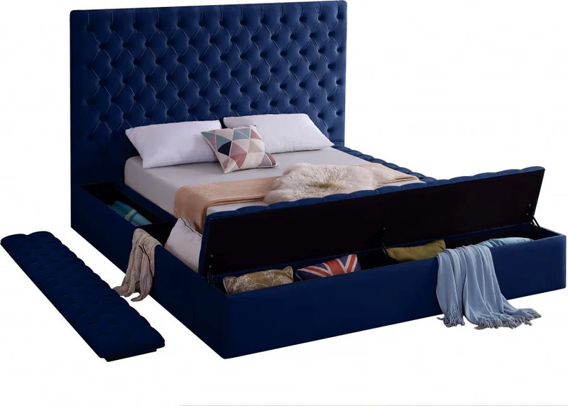 Bliss Square Blue Velvet Queen Storage Platform Bed