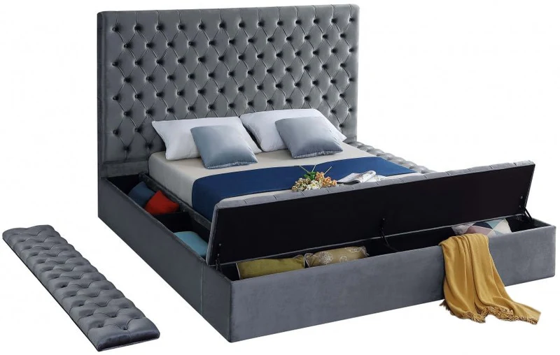 Bliss Square Gray Velvet Queen Storage Platform Bed