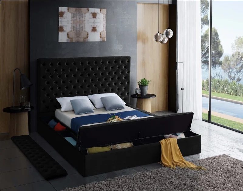 Bliss Square Black Velvet Queen Storage Platform Bed
