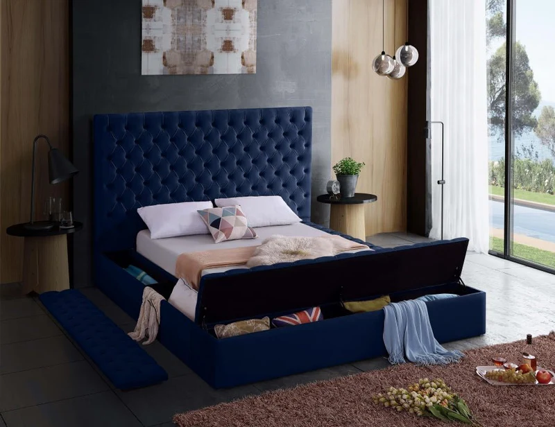 Bliss Square Blue Velvet Queen Storage Platform Bed