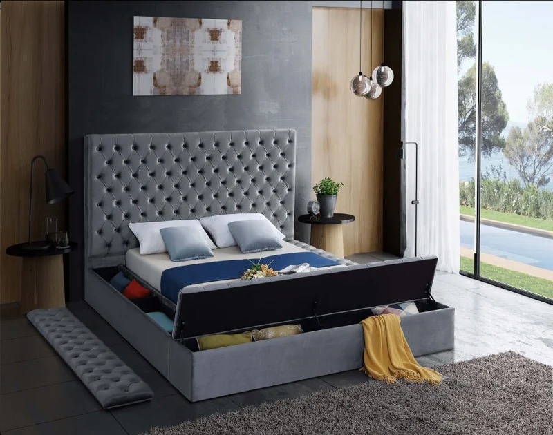 Bliss Square Gray Velvet Queen Storage Platform Bed