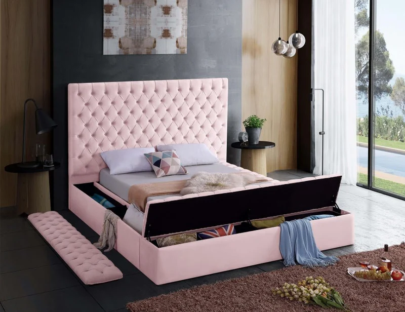 Bliss Square Pink Velvet Queen Storage Platform Bed