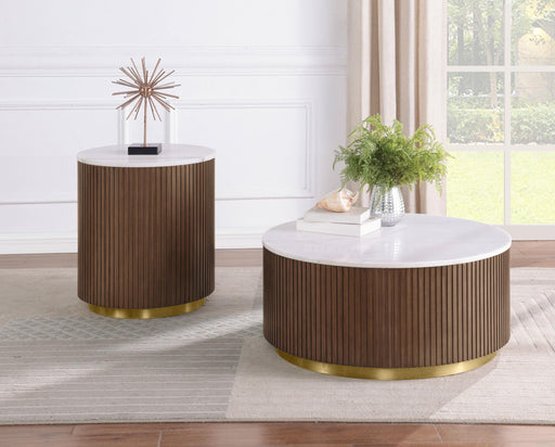 Jason 2-piece Round White Marble Coffee Table Set Honey Brown - 712418-S2