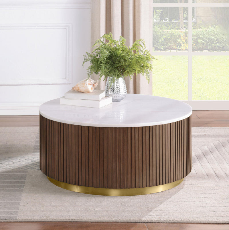 Jason Round White Marble Top Coffee Table Honey Brown - 712418